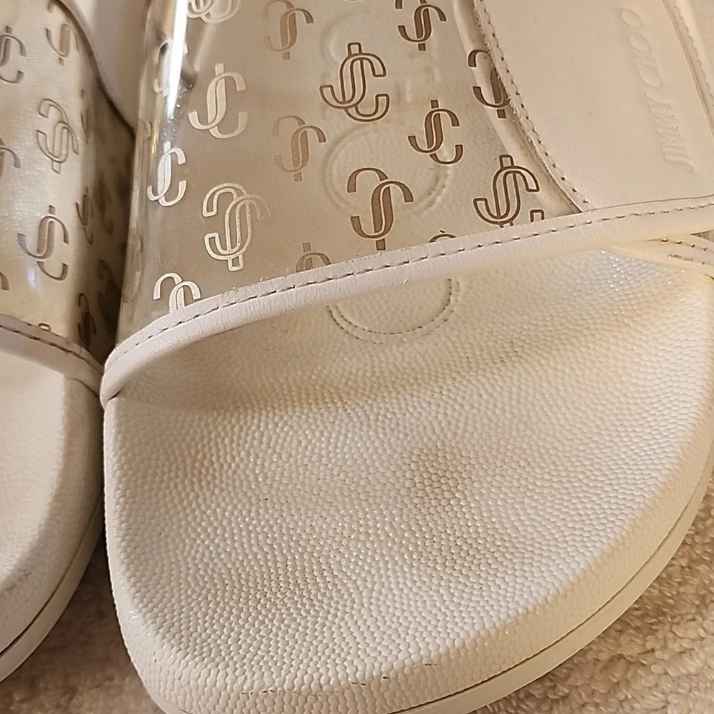 Jimmy Choo Womens White Slide Sandals With Clear Gold JCs Size 9 Preowned - Picture 4 of 12